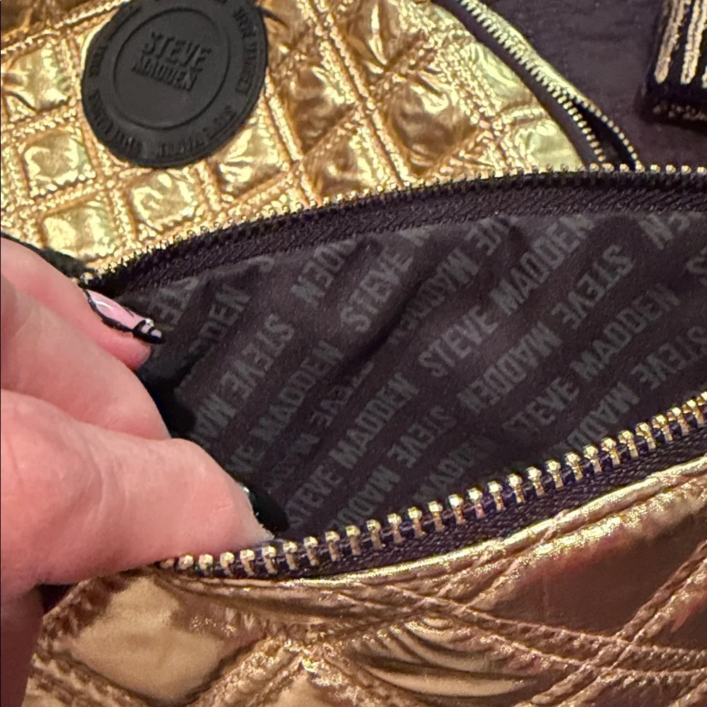 Steve Madden Quilted Metallic Gold and Black Backpack Set. - Picture 12 of 14